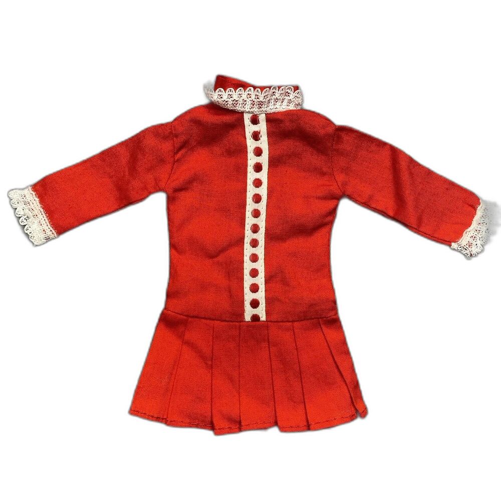 Barbie Clone Mod Vintage 1970s Hong Kong Red Pleated Dress Lace Trim Metal Snaps